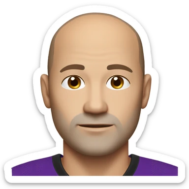 45-year-old man with a slightly round face, very short, almost shaved hair with a small central crest and a slightly receding hairline. He has brown eyes, subtle stubble, and wears a black and purple soccer jersey. sticker