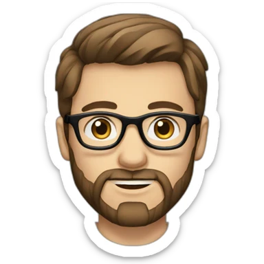 handsome guy with straight long brown hair and blue eyes and transparent glasses and with beard and wears black tshirt sticker