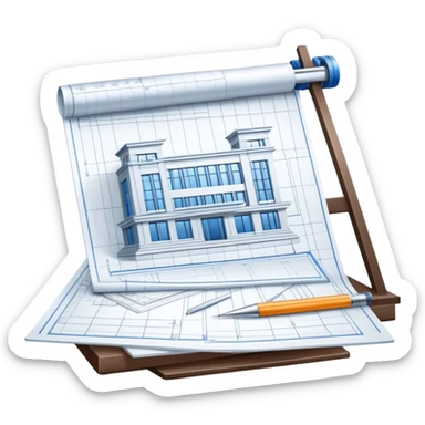 Create a sleek and modern icon representing Architecture, featuring an engineer's drawing board with blueprints of a building and rulers. The design should be visually sophisticated, clean, and professional, without any emojis. The background should be transparent. sticker