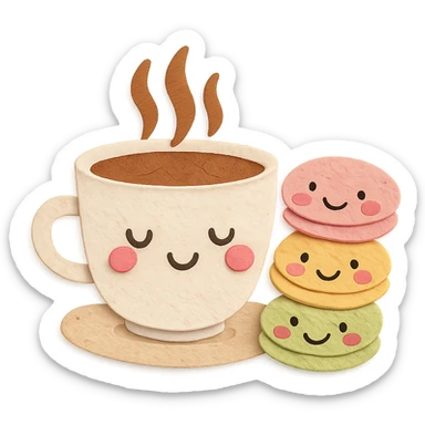 coffee cup with three macarons, all with blushing cheeks, soft pastel colors, hand-drawn style sticker