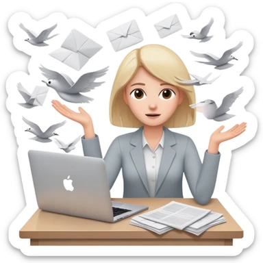 tired woman sitting at a desk with a MacBook, holding her arms out to the side, surrounded by lots of flying papers sticker