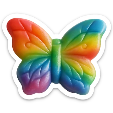Make the realistic butterfly-shaped candy rainbow-colored, isolated on a transparent background with no visible background. Maintain a realistic style with vivid rainbow colors on the candy wings. sticker