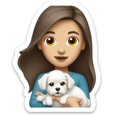 Brunette woman holding a white Maltese puppy sticker