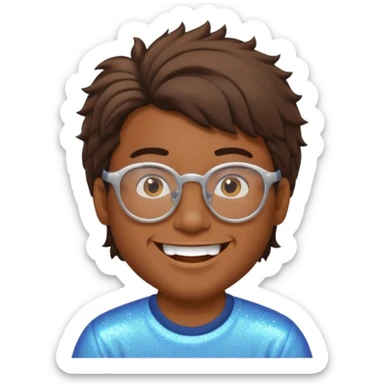 Brown guy with glasses with a whiffed front and puffed mullet, smiling with his teeth together and a sparkle from his teeth sticker