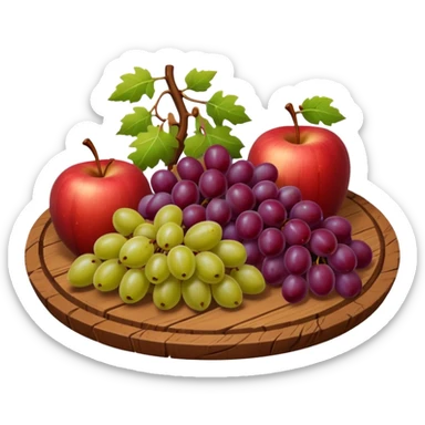 medieval fruit platter object icon, grapes and apples and pears, rustic plate, 3D cartoon, mobile game icon style, clean background, no text, no watermark
 sticker