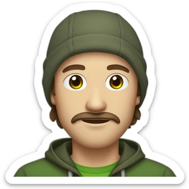 it nerd in hoodie with fisherman beanie and mustache and beard brown hair and green eye sticker