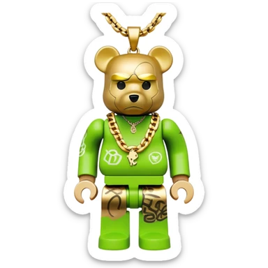 classic bearbrick figure with lime green mask covered in chaotic brand logos, wearing several large gold chains, gold pendant, rapper style accessories, expressive eyebrows sticker