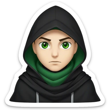 A sharp-featured assassin in a black scarf, only his intense green eyes visible under the hood sticker