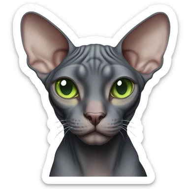Dark gray sphynx cat with green eyes low squinting  sticker
