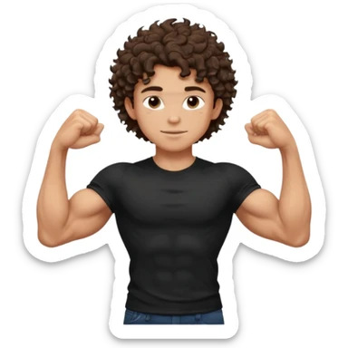 muscular teen boy with veiny hands arms and biceps. has messy brunette curly hair with tan skintone with black tshirt sticker