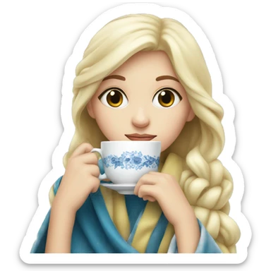 White blonde Girl drinking tea with blanket on, blue eyes  sticker