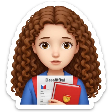 Sad girl with long curly brown hair shows her IELTS certificate with a low score in disappointment sticker