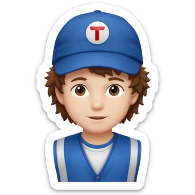 brown fluffy hair kid with blue and white cap dark blue jilet red t shirt sticker