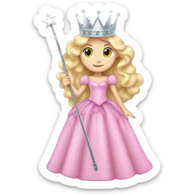 Glinda wicked blond long wavy hair big pink fluffy glittery dress silver crown and silver wand sticker