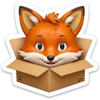 smiling fox peeking out of a box, looking up, emoji style sticker