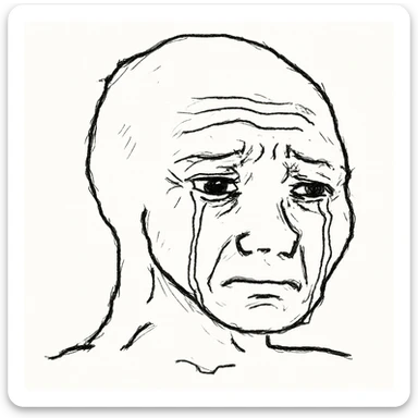 Wojak meme face, sad expression, tears streaming down, simple line art sticker