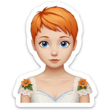 27 year old woman, orange hair, pixie cut, blue eyes, wedding dress sticker