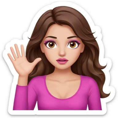 girl with long wavy brown hair, brown eyes, long lashes makeup, sexy pink lips, light to medium complexion, pink sexy top, two hands up, shrugging, confused sticker