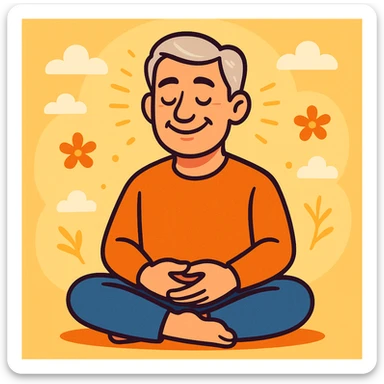 gray haired 50-year old white man peacefully meditating, smiling, back straight, legs crossed, hands in his lap, serene, calm, mindfulness, manifesting, gentle cartoon style sticker