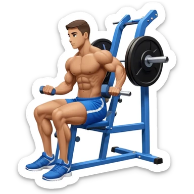 side-view bodybuilder in blue shorts seated weighted calf-raise machine on his tip toes sticker