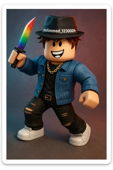 Roblox avatar for mohmmed_123000fr in MM2, full body, holding a knife, vibrant and game-accurate style sticker