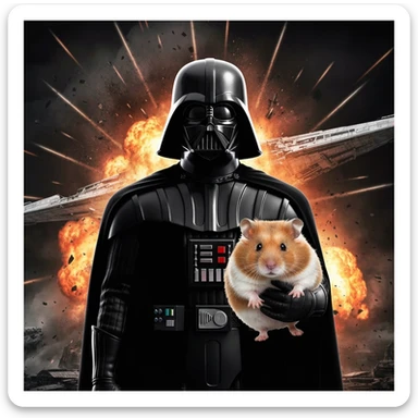 Extreme Closeup Photo of a darth vader holding big hamster, low key light, explosion startship background with leading lines, back light, spot light sticker