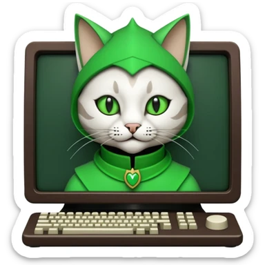 mac os icon code computer retro terminal, black, green white, fantasy court jester cat draw as ASCII GREEN code inside the terminal sticker
