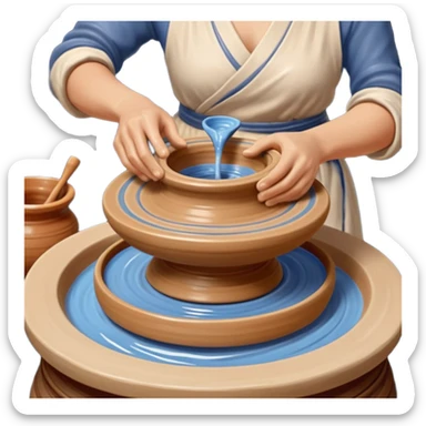 Cinematic Realistic image of a ceramic pottery wheel in action, with skilled hands shaping wet clay into a graceful form, featuring intricate details of swirling textures and gentle water splashes, illuminated by soft, artisanal lighting sticker