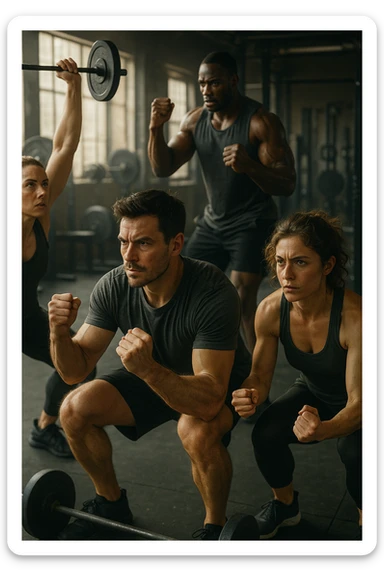 realistic and cinematic style, inspirational atmosphere, expressive details, people imagining training with weights, 2:3 aspect ratio sticker