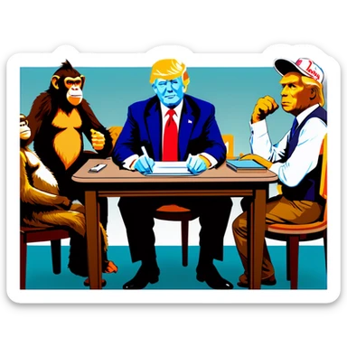 Stormy Daniels, a Monkey, a donkey, and Trump sit around a table sticker
