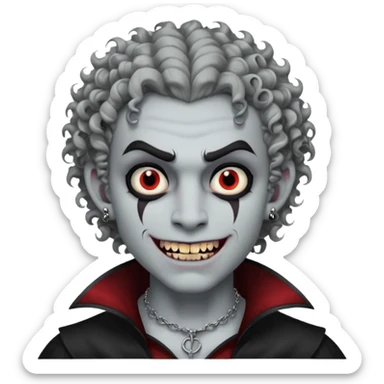 Vampire with grey skin, fanged teeth, piercings on eyebrow, two dermal piercings on cheek, and curly hair male sticker
