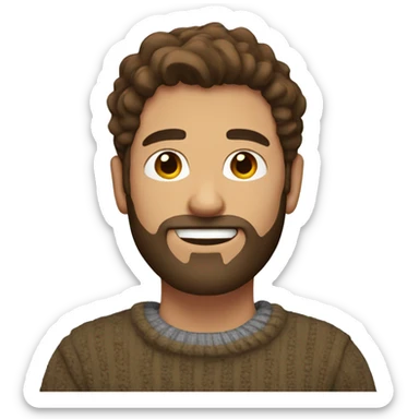 A guy with brown hair and a beard and wearing a GAP sweater sticker