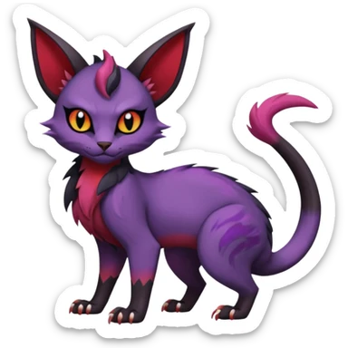 Black edgy Noivern-Noibat-Purloin-Torracat-Lykoi-Caracal-cat-Fakemon-fusion-hybrid-creature with violet and red scale markings sticker