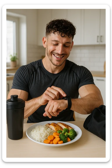 a fit man in his 30s, still in gym clothes and slightly sweaty, sits at a kitchen table right after a workout. In front of him is a balanced meal with a generous portion of rice, pasta, or potatoes, along with lean protein and vegetables. He checks his watch or a fitness app, smiling with satisfaction as he times his post-workout meal. The background is a bright, modern kitchen, with a shaker bottle and gym bag visible. in italiano sticker
