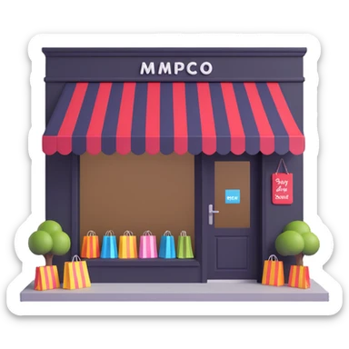 friendly storefront with striped awning and shopping bags at the entrance, pastel colors sticker