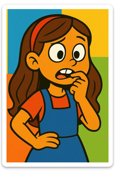 colorful cartoon of a young girl with long brown hair biting her nail sticker
