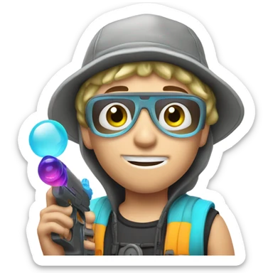 Caucasian boy in rave gear with mask and hat and shooting a bubble gun sticker