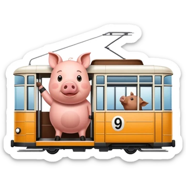A pig driving in a tram with the no. 9 as a sign on it sticker