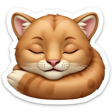 Meme-Worthy Cute Sleeping Cougar Portrait Emoji, Head resting peacefully with a contented smile, showcasing a lithe build and a luxuriously soft tawny Fur, eyes shut in a serene, restful nap, Simplified yet hilariously adorable features, highly detailed, glowing with a soft, drowsy light, high shine, relaxed and utterly lovable, stylized with an air of playful laziness, bright and heartwarming, soft glowing outline, capturing the essence of a comically sleepy cougar, so meme-worthy it feels like it could instantly become the next viral sensation of adorable slumber! sticker