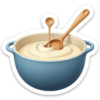 a cream ceramic mixing bowl with a wooden spoon stirring sticker
