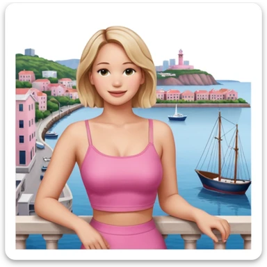 jennifer lawrence, pink crop top leaning on a balcony with a harbor and cityscape in the background, smiling sticker