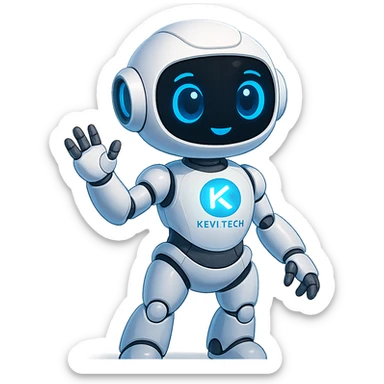 Lonna, the intelligent robot mascot of Keyi Tech, friendly and futuristic style, sleek white and blue body, expressive digital eyes, glowing Keyi Tech logo on chest sticker