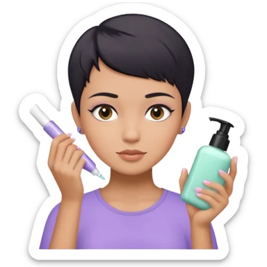 tan girl with pastel purple shirt with black hair & a pixie, doing her skin care sticker