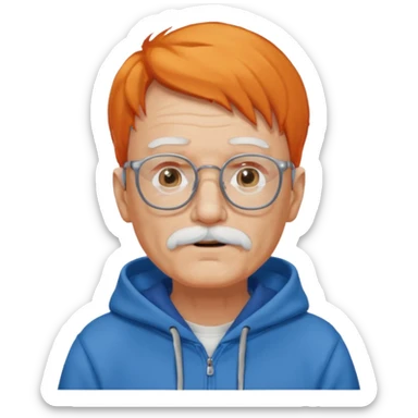 old man, orange hair, white mustache, wearing glasses, wearing a blue hoodie sticker