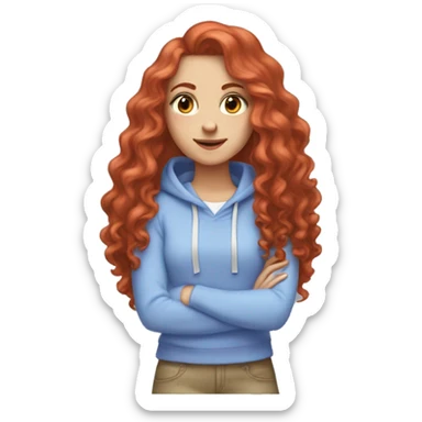 a white girl with long red curly hair, wearing a pastel periwinkle hoodie doing a pose sticker