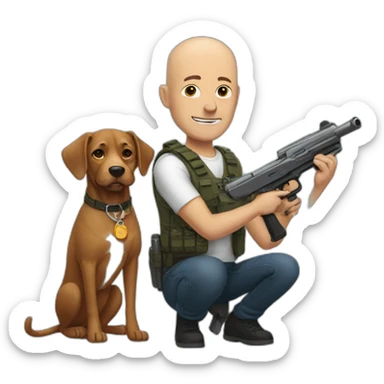 bald man with a gun and a dog sticker