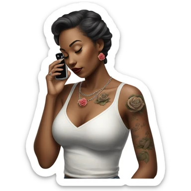 Hyper Realistic beautiful woman model with a small rose tattoo talking on a phone  sticker