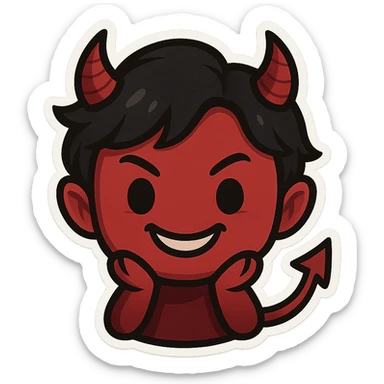 devil emoji in chibi style with gothic palette black and red, small horns, mischievous grin sticker