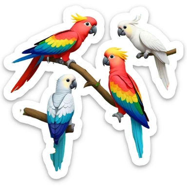 Close-up collage of vibrant Ara parrots and Inca cockatoos sitting on tree branches, surrounded by lush greenery. Bright colors of the birds stand out against a natural, sunny background of trees and flowers. Transparent background. sticker