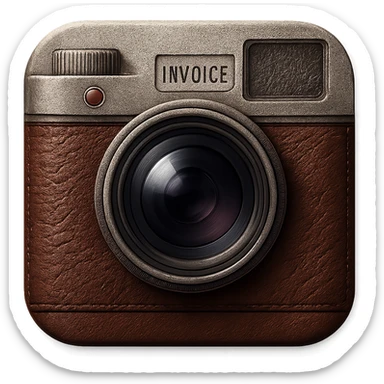 skeuomorphic app icon for an invoice app, designed as a vintage camera with leather and metal details, realistic textures, rich materials, tactile three-dimensional look sticker